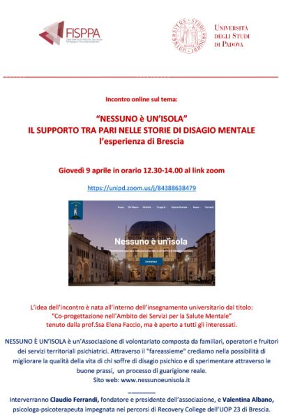 “NESSUNO è UN’ISOLA” IL SUPPORTO TRA PARI NELLE STORIE DI DISAGIO MENTALE - l’esperienza di Brescia